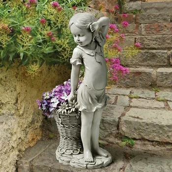 Blomst Pige Have Statue Skulptur Figur Kurv Udendørs Haven Indretning