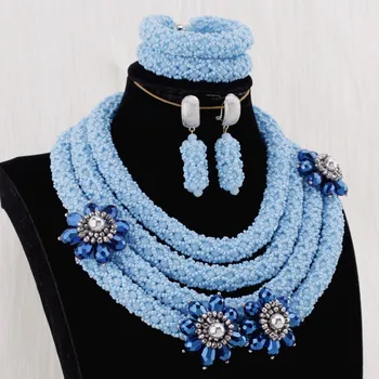 Dudo Genunine Crystal Dubai Halskæde Sæt 4 Lag Over Havet Blå Håndlavet Håndværk Smykker Sæt Med Royal Blå Blomster 2020 Design