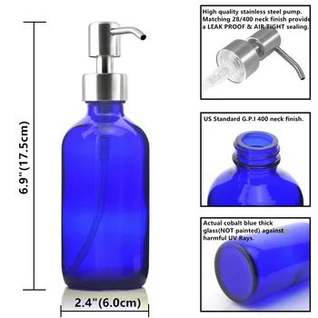 2stk 250ml Kobolt Blå Glas Flydende Sæbe Dispensere Tomme Rustfrit Stål Lotion Pumpe Flaske til håndsæbe, Køkken, Badeværelse 8 Oz