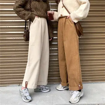 HOUZHOU Brune Fløjlsbukser Bred Ben Bukser Kvinder koreansk Mode Beige Bukser Til Kvinder Oversize Høj Talje Foråret 2021 Løs
