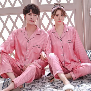 Par Pyjamas Sæt Silke Satin Stribet Nattøj Hans-og-hendes Hjem, der Passer Pyjama For Kæreste, Mand, Kvinde, Lovers' Tøj voksen onesie