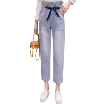 Høj talje Flower style jeans kvinder bundt talje, straight jeans forår, sommer, nye mode ankel længde bukser med bælte wq2134