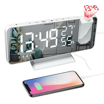 Projektor FM-Radio, Vækkeur Termometer og Hygrometer Med Spejl Skærm til Soveværelse USB Wake-Up Tid Projektor