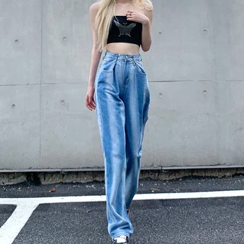 Darlingaga Streetwear Gradient Lige Høj Talje Jeans Koreansk Mode Denim Bukser Casual Krog Baggy Jeans, Boyfriend Bukser
