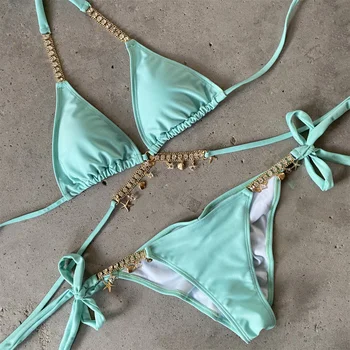 Sexet Bikini Kvinder 2021 Crystal Rhinestones Push Up Ud Badedragt Metal Kæde G-Streng Badetøj