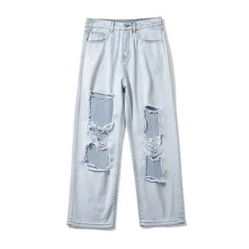 Ins Style Mænd Huller Jeans, Løs-Flået Lige Denim Bukser Forår Sommer High Street Skateboard Cool Bukser