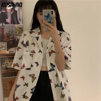 KOSAHIKI Kvinder Bluse om Sommeren 2021 koreanske Vintage Sommerfugl Print kortærmet Skjorte Løs Harajuku Streetwear Mode Y2k Toppe