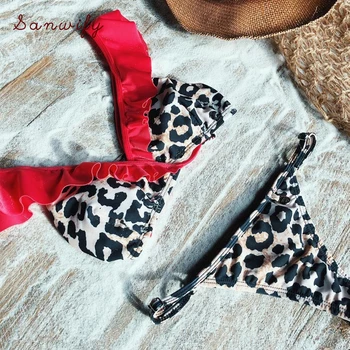 Høj Talje Bikinier 2020 Rød Sexet Leopard G-Streng Bikini Push Up Badetøj Badetøj Kvinder Badedragt Monokini