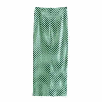 Vintage Grøn Prikkede Plisserede Kvinder Midi-Nederdele Elastisk Talje Sommeren Nye Mode Split Elegant Nederdel