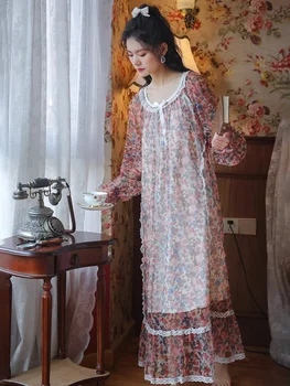 Prinsesse Kjole Sleepshirts Vintage Palace Multilayer Blonder Mesh Nightgowns Nightdress Sove Loungewear Print Kvindelige Nattøj