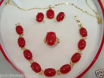 Smykker Rød Jade Armbånd earring Vedhæng Set > forgyldt ur engros Kvarts jade CZ krystal