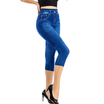 Dropshipping 2021 Kvinder Denim Print Leggings Butt Løfte Mode Slim Fit Elastiske Bukser Beskåret Bukser Yoga Fittness Bukser