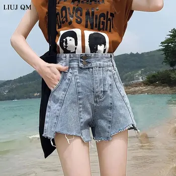 2021 Sommeren koreansk Mode Høj talje Lys-farvet Denim Shorts Kvinders Plus Size Løs Krøllet Wide-ben Hot Denim Shorts til Kvinder