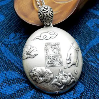 Originale designer håndværk runde mærke halskæde retro gravering mønster udsøgte charme kvinders sølv smykker