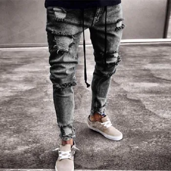 Mænds Jeans Nye Europæiske og Amerikanske mode trend Lille fod jeans Enkel personlighed Gøre gamle revet hul lynlås lille fod jeans