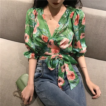 Sommeren Sexet Stil Blomster Shirts Green Kvinders Tøj, Bluser Bandage V-neck Crop Top Chiffon Toppe Blusas Mujer De Nye Moda