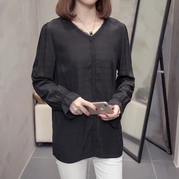 Plus Size V-hals Bluse Kvinder 2021 Forår Mode langærmet Tynd Shirts koreanske blondekant Løs Oversize Toppe Blusas Kvindelige