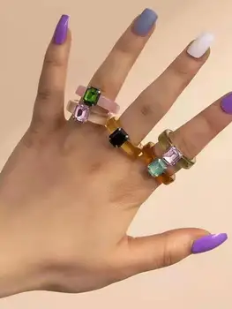Akryl Harpiks Ringe Y2K Flere Farve Diamant Finger Ringe Sæt Forhånd Harpiks Ring For Kvinder Unisex Fashion Charme Finger Ringe