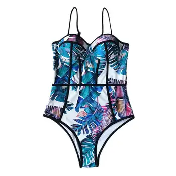 Kvinders Bikini Sæt 2021 Skåret Ud med Høj Talje i Ét stykke Flower Print Spaghetti-Stropper Kvinder Bikini Badedragt til Swimmingpool