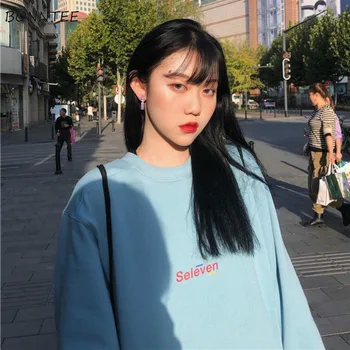 Sweatshirts Dame Plus Velvet Tykkere Efteråret Løs Harajuku Print Feminino Pullovere Studerende Sød Kawaii Mode Afslappet Ins