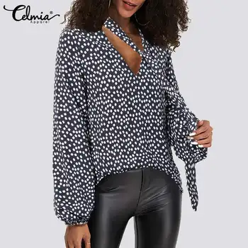 Kvinder Casual Løs blomstrede Bluser Celmia 2021 Fashion V-hals skjorte med Slips Elegant Lanterne Ærme Kontor LadyTops