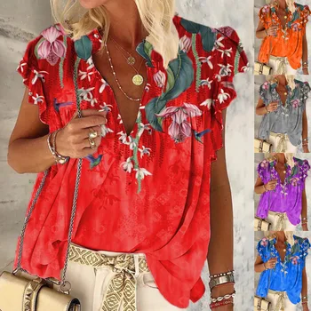 Kvinder T-Shirt 2021 Sommeren Afslappet V-Neck Tops Blomster Print Flæser Shirts Vintage Farverige Løs Oversize Bluse Streetwear