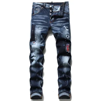 ABOORUN 2021 Mænds Mode Malede Jeans Blå Brudt Hul Patchwork Denim Bukser