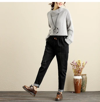 Jeans stof Ankel-længde bukser, Vintage Bleget Elastisk talje Lange Bukser Casual Minimalisme kvinde jeans bukser DM001
