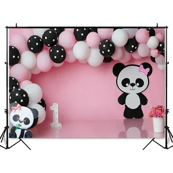 Lyserøde Balloner Piger Cake Smash 1st Fødselsdag Baggrund for Fotografering Rekvisitter Panda Tema Nyfødte Børn Portræt Foto Baggrund