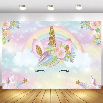 Rainbow Cloud Unicorn Nyfødte Baby Brusebad Baggrund Pink Blomster, Lys Bokeh Glitter Kids Fødselsdag Kage Tabel Foto Baggrunde