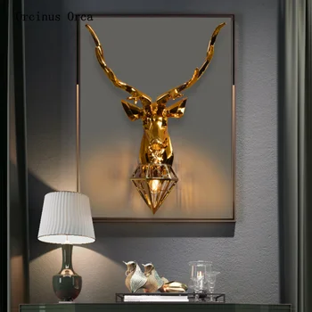 Amerikansk luksus gyldne dådyr hovedet væg lampe til stuen, gangen soveværelse sengelampe kreative hjorte hovedet væg lampe