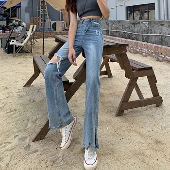 Højtaljede Ripped Jeans til Kvinder 2021 koreansk Stil Split Flare Pants Teenage Mode Trends Streetwear Nødlidende Denim Bukser