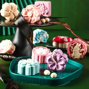 Plast Mooncake Skimmel 50g Cookie Cutter med 3D Blomst Frimærker Hånd Trykke på Grøn Bønne Wienerbrød Mould DIY Bageforme Mid-autumn