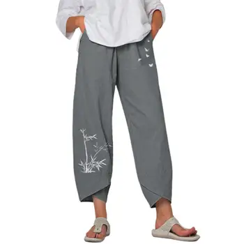 Sommeren Kvinder Bukser Print Uregelmæssige bukseben Lomme, Vintage Bred Ben Niende-Længde Harem Bukser, Sweatpants Streetwear футболка