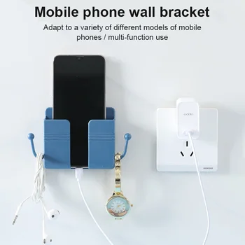 Vægmonteret Telefon Opbevaringsboks Multifunktionelle Fjernbetjening, Mobiltelefon Rack Krog Opladning Stik Væggen, Holder Hjem Storage Rack