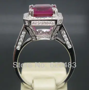 Massivt 14K White Gold Naturlige Pink Turmalin Engagement Diamant Flot Ring