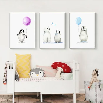 Enkel Nordisk tegnefilm akvarel dyr ballon penguin isbjørn børneværelse plakat dekoration udskrivning af billeder