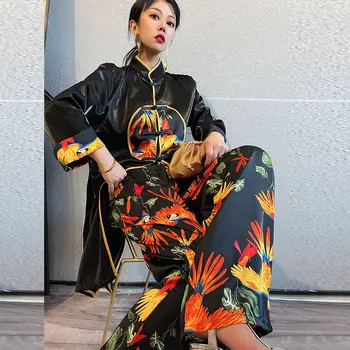 XITAO To delt Sæt Kvinder Mode Nye Kvinder på Fuld Ærme Vintage Farve Disc Spænde Elastisk Talje Print Pants LDD1318