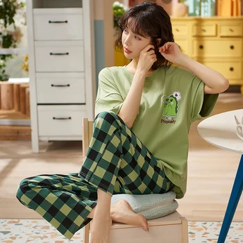 ATUENDO Sommer Mode Grønne Pyjamas Sæt til Kvinder Atoff Hjem Satin Silke Lounge Nattøj i Bomuld PJS Kawaii Bløde Homewear