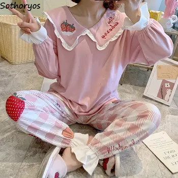 Kvinder Pyjamas Sæt Pjusket Bue Fritid Kawaii Piger Hud-venlige Printed Nattøj koreansk Stil Nattøj Bløde Efteråret Home Wear