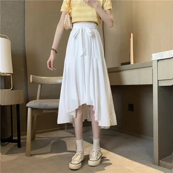 2021 Kvinder Nye koreanske Version højtaljede Tynd Mid-længde Nederdele Kvindelige Forår Sommer Sløjfe Bælte Nederdel Elegante Uregelmæssige Fold