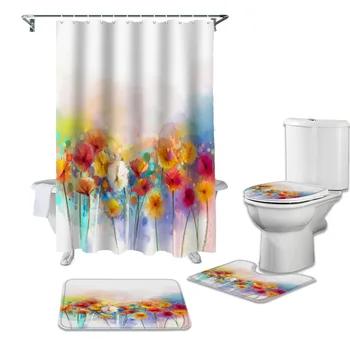 Farverige Akvarel Maleri Af Blomster Brusebad Gardin Sæt Tæppe, Der Dækker Toilet Dække Bademåtte Hjem Indretning Badeværelse Gardin