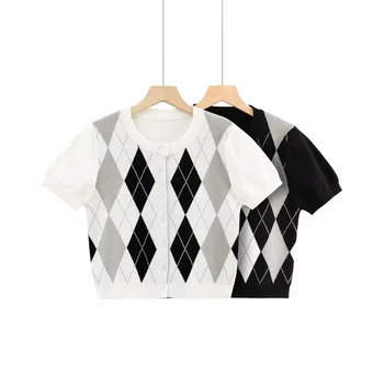 Strikket sweater kvinder sommeren kortærmet trøje vintage beskåret cardigan afslappet o-hals top patchwork argyle sweater hvid 2021