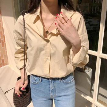Wenfly Kvinder Casual Løs Bluser Skjorter Koreanske Enkelt Breasted Lange Ærmer Kvindelige Blå OfficeTops Oversize Tøj