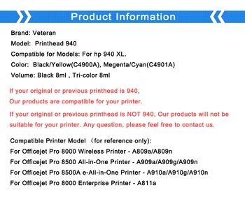 Veteran Kompatibel Printhead hp 940 C4900A sort printhoved for hp Pro 8000 A809a 8500A A910a A910g A910n A809n A811a 8500