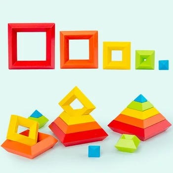 15PCS Store Partikler Baby Legetøj af Træ Geometriske 3D-byggesten Farve Pyramide Diamant DIY byggesten for Børns Legetøj