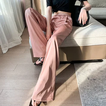 ZHISILAO Nye Satin Bred Ben Bukser, Vintage Elastisk Talje Bukser Plus Size Elegant Pink Løs Lige Bukser Hvid Sommer 2021