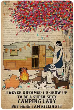Tin Tegn Wild Camping Læsning Pige Og Hund Metal Sign Dekoration Hjemme Stue Soveværelse Boghandel Stue Dekoration Plak