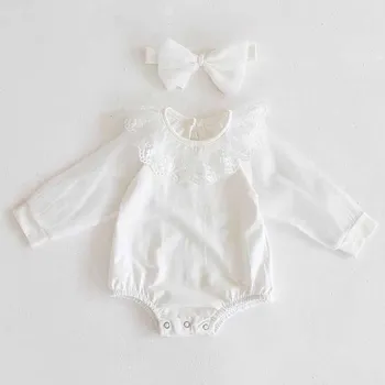 Sommeren Nyfødte Tøj koreansk stil Baby Piger tøj Mesh langærmet Gennemsigtig Bomuld Baby Blonder Collarr Baby Piger Bodysuit