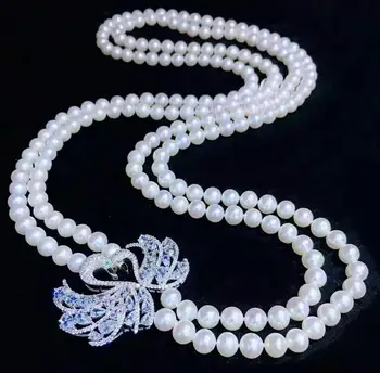 Kvinders mode smykker micro indlagt zircon tilbehør 75-80 cm 7-8mm hvid ferskvands perle halskæde sweater kæde
